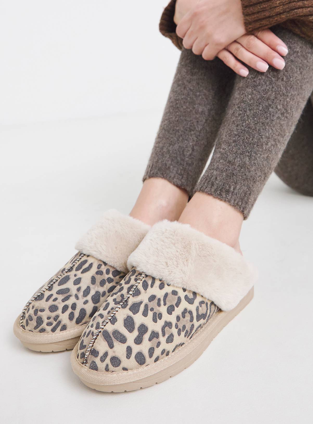 SIMPLY BE Leopard Faux Fur Lined Suede Mule Slipper Wide Fit 6 - Image 1
